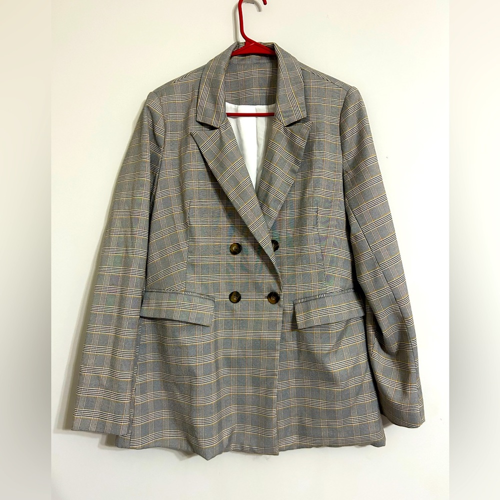 Gray/navy/yellow Double Breasted Windowpane Blazer Size M